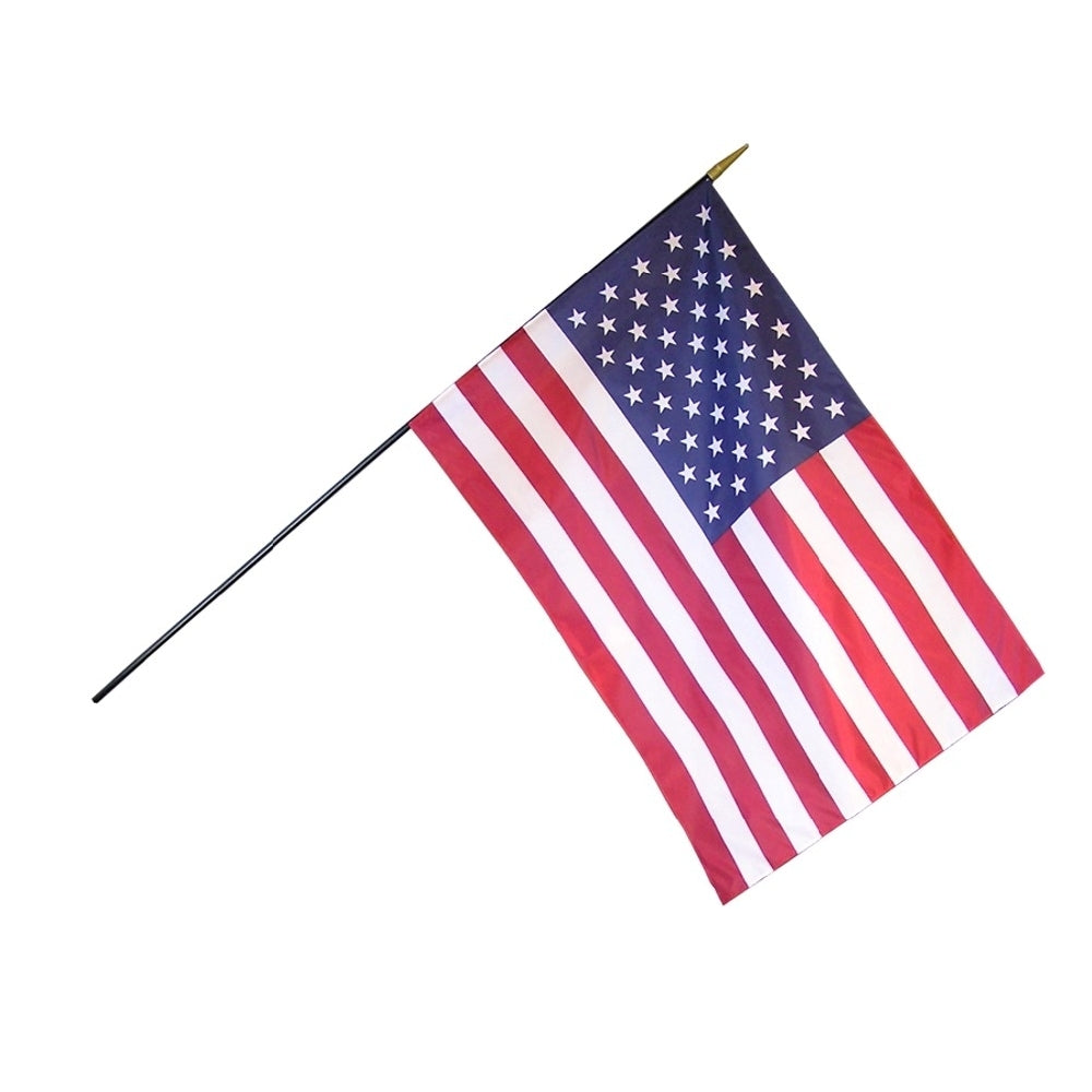 12 Pack 12 in. X 18 in. U.S. Flag Mounted on a 3/8in. x 30 in. Black Staff with Gold spear Tip