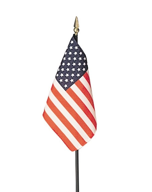 12 Pack 4 in. X 6 in. U.S. Flag Mounted on a 3/16 in. X 10 in. Back Staff with Gold Spear Tip