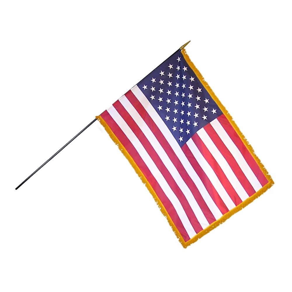 12 Pack U.S. Flag 8 in. X 12 in. with Gold Fringe mounted on Black Staff